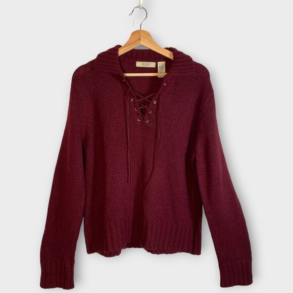 Vtg R&R Sweater LARGE Maroon Lace Up Front Wool Blend Cabincore - Picture 1 of 7